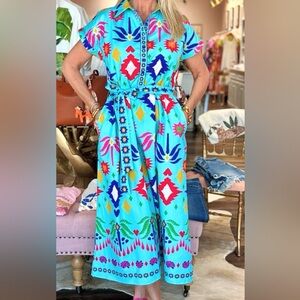 Vibrant Turquoise Geo-Print Maxi Shirt Dress NWT size Small  PTP 19 inches